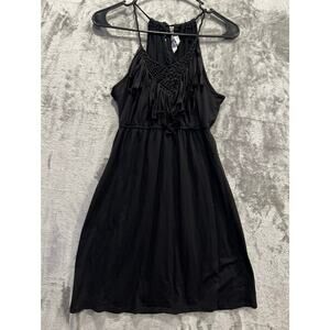 black sleeveless dress size medium crochet V-neckline layered fringe/tassel